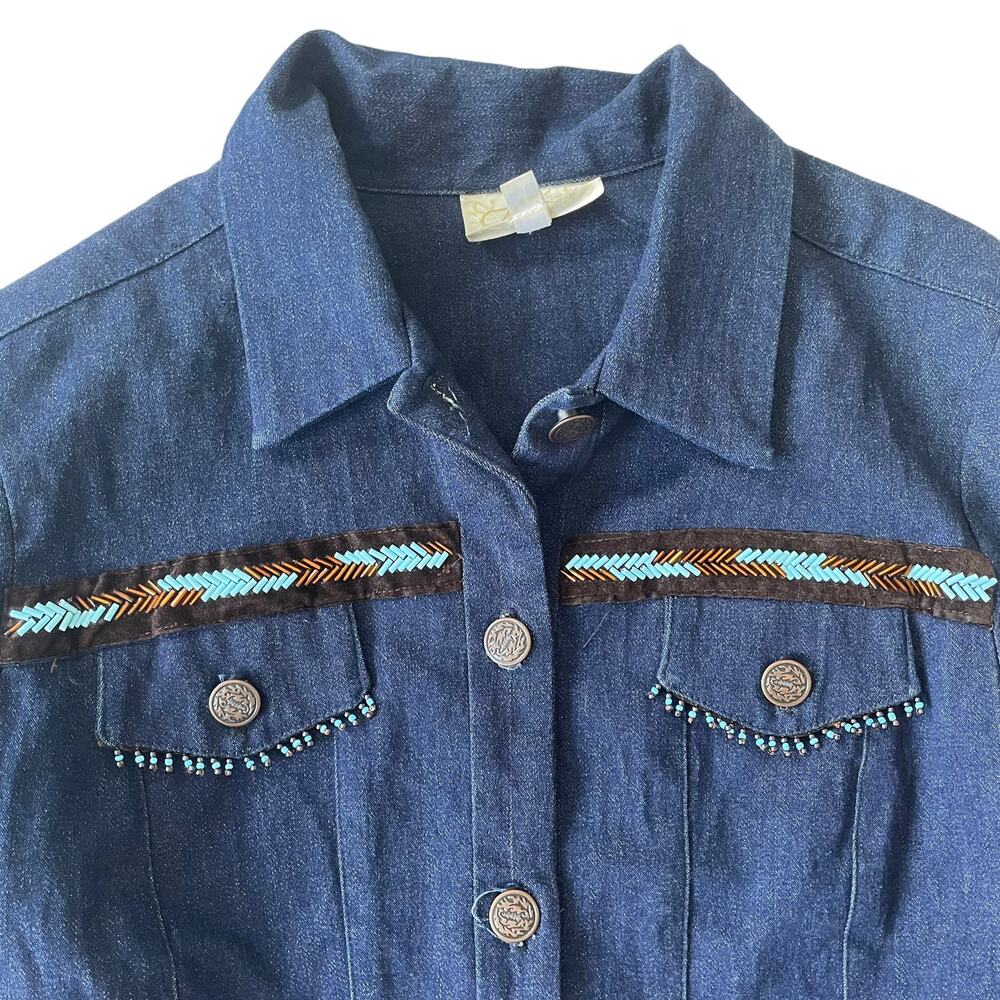 Vintage 1990s Cache Jean Jacket Beaded Fringe Lace Up Southwest 4 EUC - Picture 4 of 13